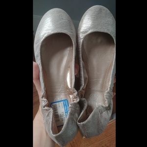 BCBG Blush and silver bridal flats
